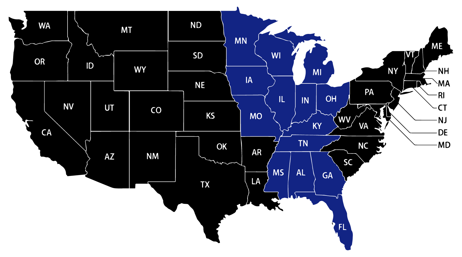 Service Area Map Midwest in Blue